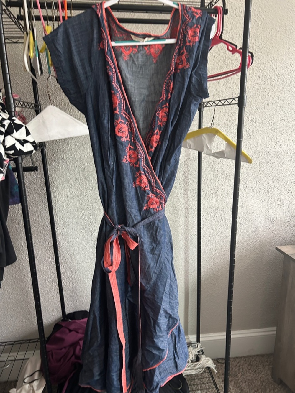 Blue Midi Wrap Dress with Coral Trim and Tie Waist